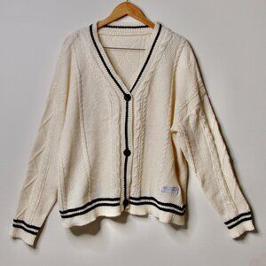 Classic Cream Cable-Knit Cardigan with Contrast Trim